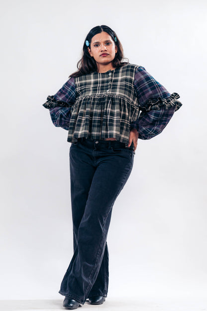 Puff Sleeve Plaid Top