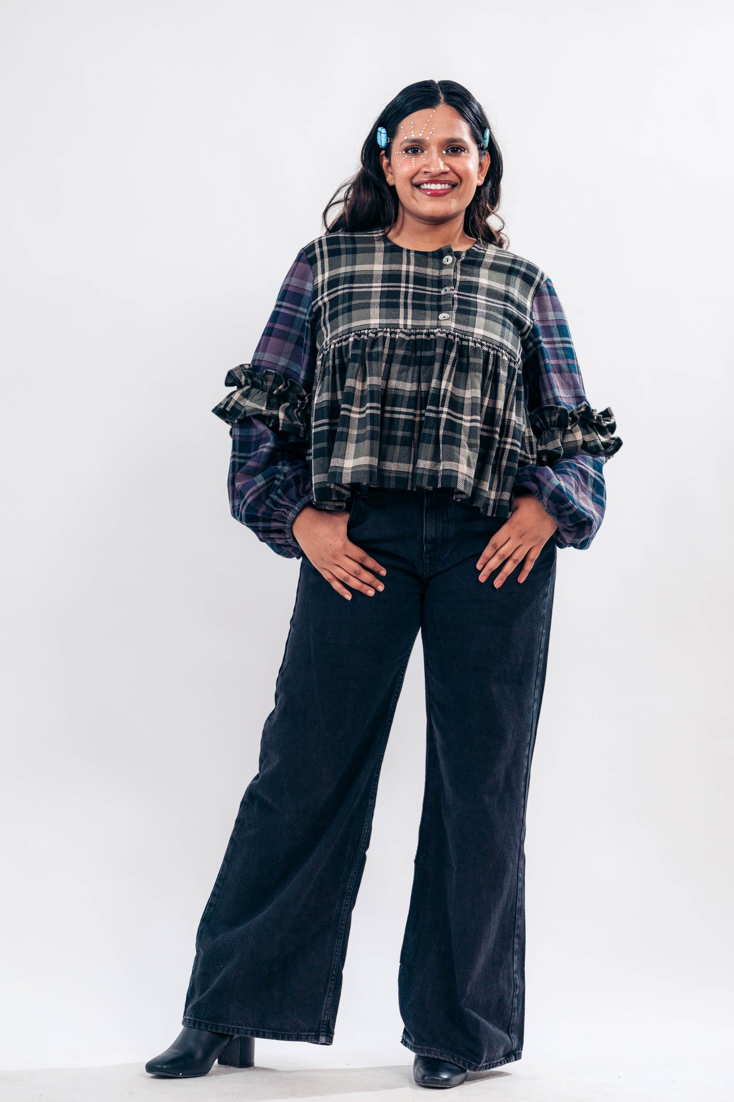 Puff Sleeve Plaid Top